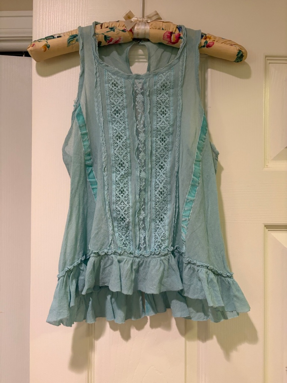 Light Blue Lace Ruffle Tank Top - Women